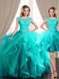Pretty Three Piece Scoop Aqua Blue Lace Up Sweet 16 Dresses Beading and Appliques and Ruffles Cap Sleeves Floor Length Brush Train