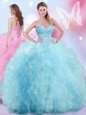 Sleeveless Tulle Floor Length Lace Up Sweet 16 Dresses in Baby Blue for with Beading and Ruffles