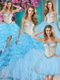 Four Piece Sweetheart Sleeveless Sweet 16 Dresses With Brush Train Beading and Ruffles Baby Blue Organza