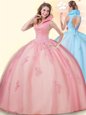 Unique High-neck Sleeveless Backless Quinceanera Dresses Pink Tulle