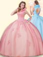 Unique High-neck Sleeveless Backless Quinceanera Dresses Pink Tulle