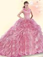 Organza High-neck Sleeveless Brush Train Backless Beading and Ruffles Sweet 16 Dresses in Pink
