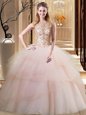 Scoop Lace Up Vestidos de Quinceanera Peach and In for Military Ball and Sweet 16 and Quinceanera with Beading and Ruffled Layers Brush Train