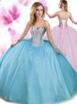 Sleeveless Beading and Ruffles Lace Up Quinceanera Dresses with Blue Brush Train