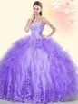 Flare Sleeveless Floor Length Beading and Appliques and Ruffles Lace Up Sweet 16 Dress with Lavender