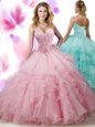 Best Selling Pink Quince Ball Gowns Military Ball and Sweet 16 and Quinceanera and For with Beading and Ruffled Layers Sweetheart Sleeveless Lace Up