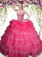 Colorful Coral Red Organza Lace Up Sweet 16 Dress Sleeveless Floor Length Beading and Ruffled Layers and Pick Ups