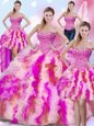 Four Piece Sleeveless Lace Up Floor Length Beading and Ruffles Ball Gown Prom Dress