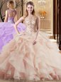 Wonderful Peach Ball Gowns Scoop Sleeveless Tulle Brush Train Lace Up Beading and Ruffles 15th Birthday Dress