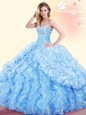 Pretty Baby Blue Organza Lace Up Sweetheart Sleeveless Floor Length Sweet 16 Quinceanera Dress Beading and Ruffles and Pick Ups
