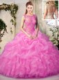 Scoop Rose Pink Organza Lace Up 15 Quinceanera Dress Sleeveless Floor Length Beading and Ruffles and Pick Ups