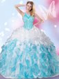 Most Popular Halter Top Floor Length Blue And White Quinceanera Dress Organza Sleeveless Beading and Ruffles and Pick Ups