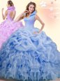 Fitting Blue Ball Gowns Organza High-neck Sleeveless Beading and Ruffles and Pick Ups Backless Ball Gown Prom Dress Brush Train