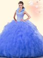 Blue Backless High-neck Beading and Ruffles 15 Quinceanera Dress Tulle Sleeveless