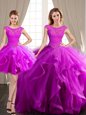Three Piece Scoop Fuchsia Cap Sleeves Tulle Brush Train Lace Up Quinceanera Dresses for Military Ball and Sweet 16 and Quinceanera