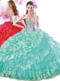 Sweetheart Sleeveless 15 Quinceanera Dress Floor Length Beading and Ruffled Layers and Pick Ups Turquoise Organza and Taffeta