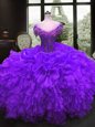 Elegant Ball Gowns Sweet 16 Dresses Purple Sweetheart Organza Cap Sleeves Floor Length Lace Up