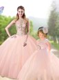 Scoop Floor Length Lace Up Sweet 16 Dress Peach and In for Military Ball and Sweet 16 and Quinceanera with Beading