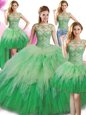 Comfortable Four Piece Scoop Floor Length Ball Gowns Sleeveless Green Quinceanera Dress Lace Up