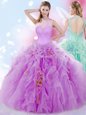 Halter Top Lilac Ball Gowns Beading and Ruffles 15th Birthday Dress Lace Up Tulle Sleeveless Floor Length