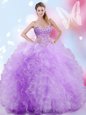 Free and Easy Multi-color Ball Gowns Fabric With Rolling Flowers Scoop Sleeveless Beading Lace Up 15th Birthday Dress Brush Train