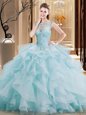 Light Blue Ball Gowns Tulle Scoop Sleeveless Beading and Ruffles Lace Up 15 Quinceanera Dress Brush Train