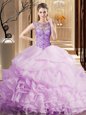 Lilac Ball Gowns Scoop Sleeveless Organza Brush Train Lace Up Beading and Ruffles and Pick Ups Quinceanera Gowns