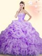 Sleeveless With Train Beading and Ruffles and Pick Ups Lace Up 15th Birthday Dress with Lilac Brush Train