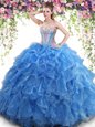 Fantastic Aqua Blue Mermaid Organza Sweetheart Sleeveless Beading and Ruffles Floor Length Lace Up 15th Birthday Dress