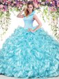 Best Aqua Blue Sleeveless Floor Length Beading and Ruffles Backless Quinceanera Gown