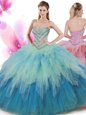 Royal Blue Ball Gowns Organza Halter Top Sleeveless Appliques and Ruffles and Pick Ups Floor Length Lace Up Quinceanera Dresses