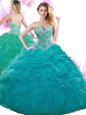 Sleeveless Organza Floor Length Lace Up Sweet 16 Dresses in Teal for with Beading and Ruffles and Pick Ups