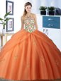 Exquisite Halter Top Sleeveless Floor Length Embroidery and Pick Ups Lace Up Sweet 16 Quinceanera Dress with Orange