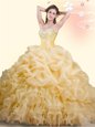 Colorful Gold Organza Lace Up Sweetheart Sleeveless With Train 15 Quinceanera Dress Brush Train Beading and Ruffles and Pick Ups