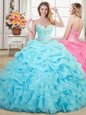 Designer Aqua Blue Lace Up Sweet 16 Quinceanera Dress Beading and Ruffles and Pick Ups Sleeveless Floor Length