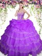Traditional Floor Length Lace Up Quinceanera Gown Purple and In for Military Ball and Sweet 16 and Quinceanera with Beading and Ruffled Layers and Pick Ups