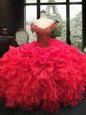 Organza Sweetheart Cap Sleeves Lace Up Beading and Ruffles Quinceanera Dresses in Red