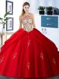 Halter Top Floor Length Lace Up Quince Ball Gowns Red and In for Military Ball and Sweet 16 and Quinceanera with Embroidery and Pick Ups
