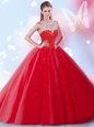 Red Tulle Zipper High-neck Sleeveless Floor Length Sweet 16 Dresses Beading and Sequins