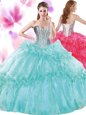 Perfect Turquoise Ball Gowns Beading and Pick Ups Quince Ball Gowns Lace Up Organza Sleeveless Floor Length