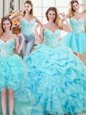 Stylish Four Piece Aqua Blue Ball Gowns Beading and Ruffles and Pick Ups 15th Birthday Dress Lace Up Organza Sleeveless Floor Length