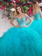 Dramatic Teal Sweet 16 Dress Military Ball and Sweet 16 and Quinceanera and For with Beading and Ruffles Off The Shoulder Sleeveless Lace Up