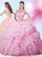 Pick Ups With Train Ball Gowns Sleeveless Rose Pink Quinceanera Gown Brush Train Lace Up
