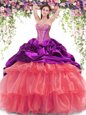 Simple With Train Multi-color Quinceanera Dresses Organza and Taffeta Brush Train Sleeveless Beading and Ruffled Layers and Pick Ups
