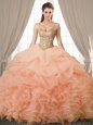 Spaghetti Straps Sleeveless Sweet 16 Quinceanera Dress Floor Length Beading and Ruffles and Pick Ups Peach Organza