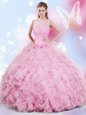 Halter Top Organza and Taffeta Sleeveless Floor Length 15th Birthday Dress and Embroidery and Ruffled Layers