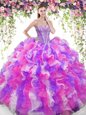 Stylish Halter Top Sleeveless Floor Length Beading and Ruffles and Pick Ups Lace Up Quince Ball Gowns with Multi-color