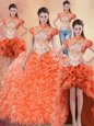 Four Piece Straps Sleeveless With Train Beading and Ruffles Lace Up Ball Gown Prom Dress with Orange Red Brush Train