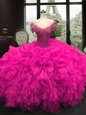 Fuchsia Lace Up Sweetheart Beading and Ruffles Vestidos de Quinceanera Organza Cap Sleeves