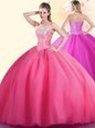 Hot Pink Sleeveless Floor Length Beading Lace Up Vestidos de Quinceanera